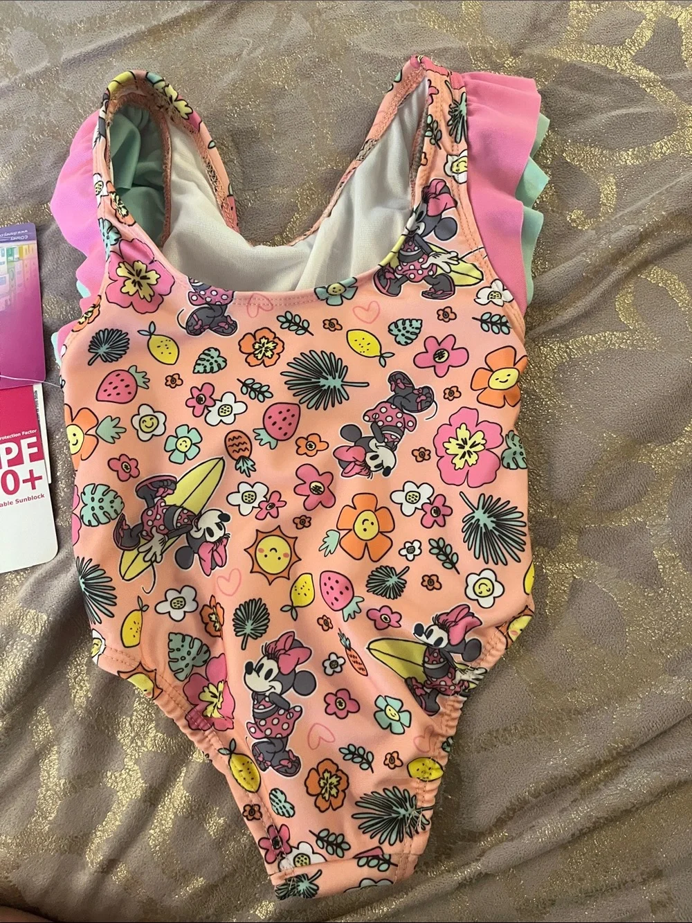 Disney Pink Floral & Fruit Minnie Mouse One-Piece Swimsuit with Ruffle Sleeves